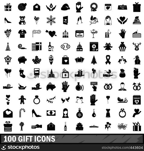 100 gift icons set in simple style for any design vector illustration. 100 gift icons set, simple style