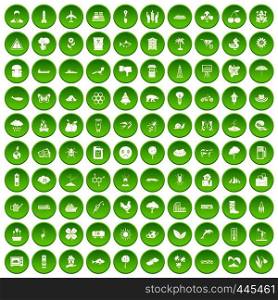 100 global warming icons set green circle isolated on white background vector illustration. 100 global warming icons set green circle