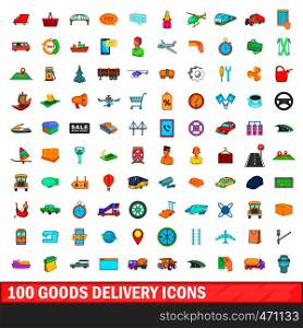 100 goods delivery icons set in cartoon style for any design illustration. 100 goods delivery icons set, cartoon style