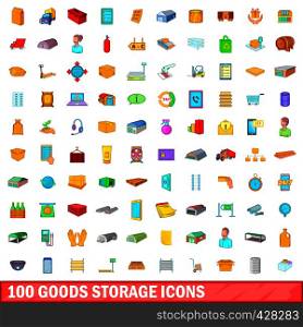 100 goods storage icons set in cartoon style for any design vector illustration. 100 goods storage icons set, cartoon style