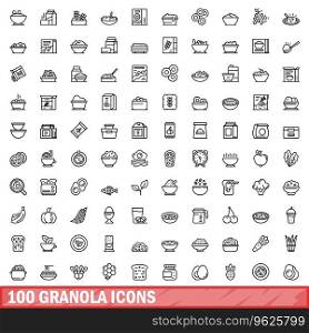100 granola icons set. Outline illustration of 100 granola icons vector set isolated on white background. 100 granola icons set, outline style