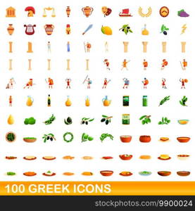 100 greek icons set. Cartoon illustration of 100 greek icons vector set isolated on white background. 100 greek icons set, cartoon style