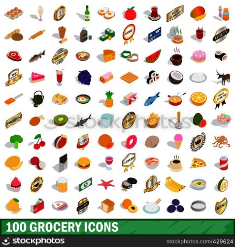 100 grocery icons set in isometric 3d style for any design vector illustration. 100 grocery icons set, isometric 3d style