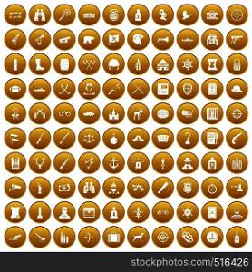 100 guns icons set in gold circle isolated on white vector illustration. 100 guns icons set gold