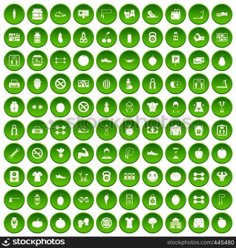 100 gym icons set green circle isolated on white background vector illustration. 100 gym icons set green circle