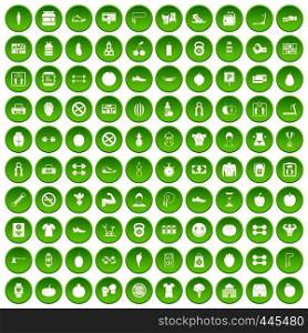 100 gym icons set green circle isolated on white background vector illustration. 100 gym icons set green circle