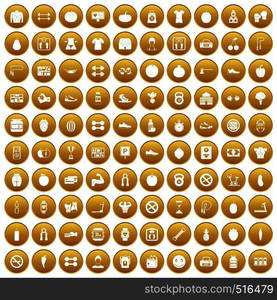 100 gym icons set in gold circle isolated on white vector illustration. 100 gym icons set gold