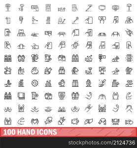 100 hand icons set. Outline illustration of 100 hand icons vector set isolated on white background. 100 hand icons set, outline style