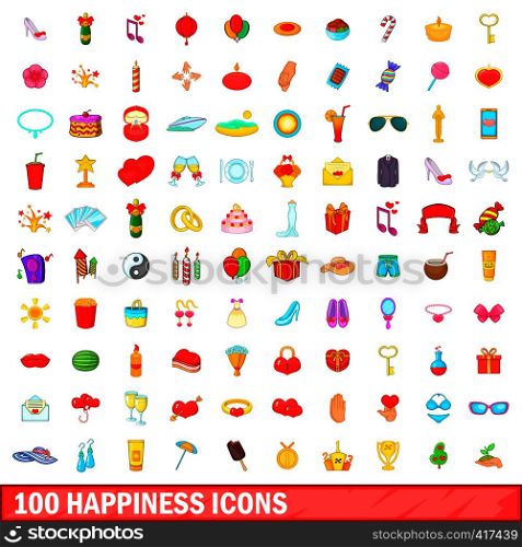 100 happiness icons set in cartoon style for any design vector illustration. 100 happiness icons set, cartoon style