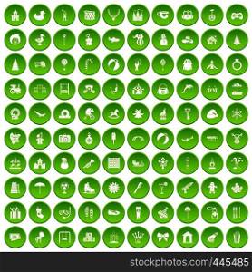 100 happy childhood icons set green circle isolated on white background vector illustration. 100 happy childhood icons set green circle