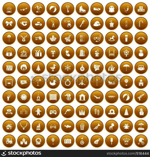 100 happy childhood icons set in gold circle isolated on white vector illustration. 100 happy childhood icons set gold