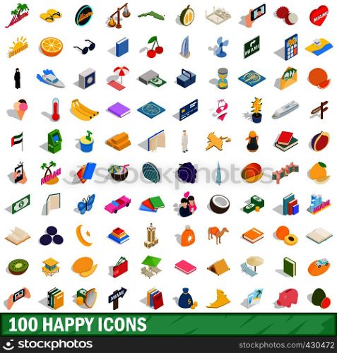 100 happy icons set in isometric 3d style for any design vector illustration. 100 happy icons set, isometric 3d style