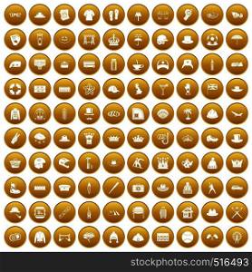 100 hat icons set in gold circle isolated on white vector illustration. 100 hat icons set gold