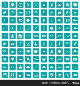 100 hat icons set in grunge style blue color isolated on white background vector illustration. 100 hat icons set grunge blue