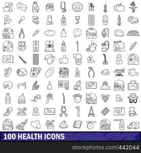100 health icons set in outline style for any design vector illustration. 100 health icons set, outline style