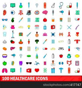 100 healthcare icons set in cartoon style for any design vector illustration. 100 healthcare icons set, cartoon style