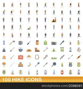 100 hike icons set. Cartoon illustration of 100 hike icons vector set isolated on white background. 100 hike icons set, cartoon style