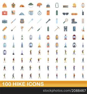 100 hike icons set. Cartoon illustration of 100 hike icons vector set isolated on white background. 100 hike icons set, cartoon style