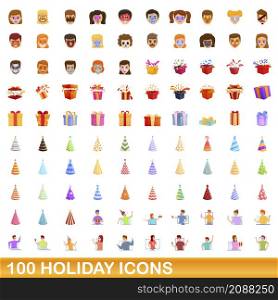 100 holiday icons set. Cartoon illustration of 100 holiday icons vector set isolated on white background. 100 holiday icons set, cartoon style