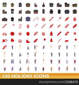 100 holiday icons set. Cartoon illustration of 100 holiday icons vector set isolated on white background. 100 holiday icons set, cartoon style