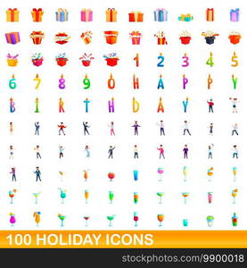 100 holiday icons set. Cartoon illustration of 100 holiday icons vector set isolated on white background. 100 holiday icons set, cartoon style