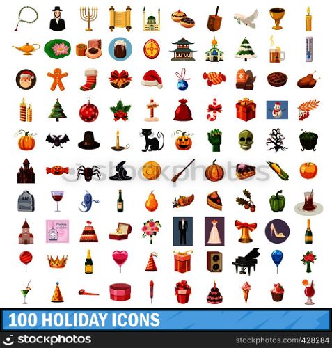 100 holiday icons set in cartoon style for any design vector illustration. 100 holiday icons set, cartoon style