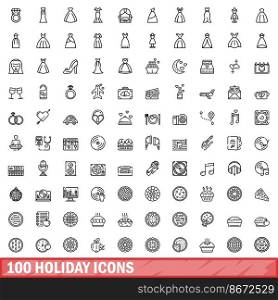 100 holiday icons set. Outline illustration of 100 holiday icons vector set isolated on white background. 100 holiday icons set, outline style