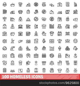 100 homeless icons set. Outline illustration of 100 homeless icons vector set isolated on white background. 100 homeless icons set, outline style