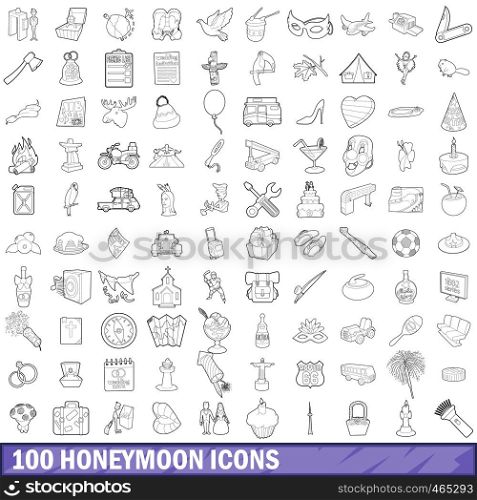 100 honeymoon icons set in outline style for any design vector illustration. 100 honeymoon icons set, outline style