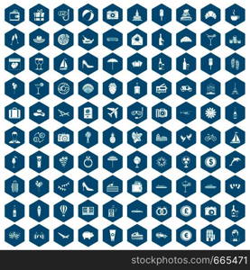 100 honeymoon icons set in sapphirine hexagon isolated vector illustration. 100 honeymoon icons sapphirine violet