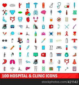 100 hospital and clinic icons set in cartoon style for any design vector illustration. 100 hospital and clinic icons set, cartoon style