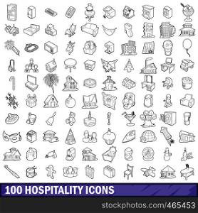 100 hospitality icons set in outline style for any design vector illustration. 100 hospitality icons set, outline style