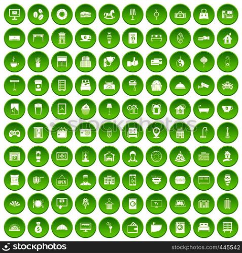 100 hotel icons set green circle isolated on white background vector illustration. 100 hotel icons set green circle