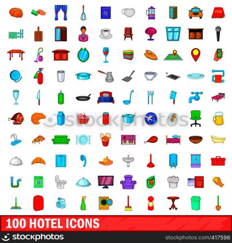100 hotel icons set in cartoon style for any design vector illustration. 100 hotel icons set, cartoon style