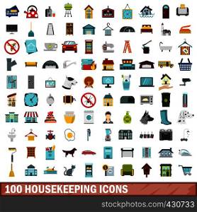 100 housekeeping icons set in flat style for any design vector illustration. 100 housekeeping icons set, flat style