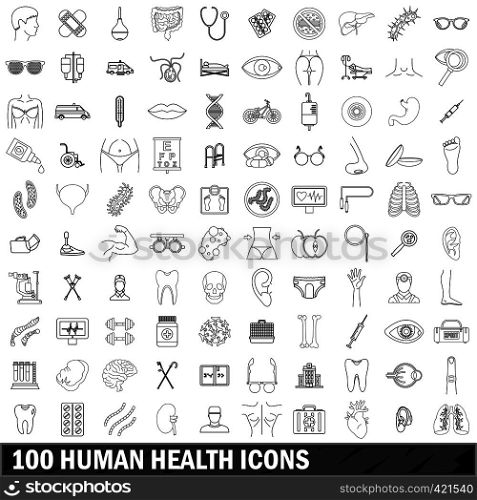 100 human health icons set in outline style for any design vector illustration. 100 human health icons set, outline style
