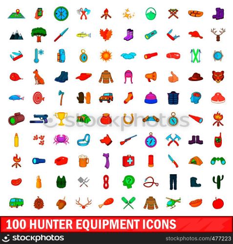 100 hunter equipment icons set in cartoon style for any design illustration. 100 hunter equipment icons set, cartoon style