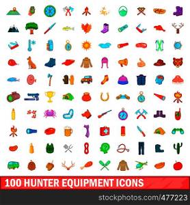 100 hunter equipment icons set in cartoon style for any design illustration. 100 hunter equipment icons set, cartoon style