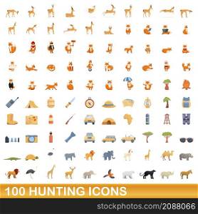 100 hunting icons set. Cartoon illustration of 100 hunting icons vector set isolated on white background. 100 hunting icons set, cartoon style