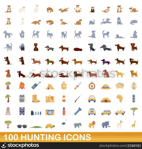 100 hunting icons set. Cartoon illustration of 100 hunting icons vector set isolated on white background. 100 hunting icons set, cartoon style