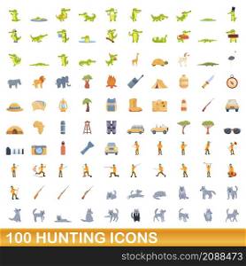 100 hunting icons set. Cartoon illustration of 100 hunting icons vector set isolated on white background. 100 hunting icons set, cartoon style