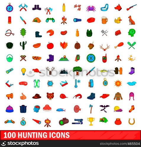 100 hunting icons set in cartoon style for any design illustration. 100 hunting icons set, cartoon style