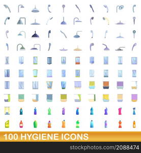 100 hygiene icons set. Cartoon illustration of 100 hygiene icons vector set isolated on white background. 100 hygiene icons set, cartoon style