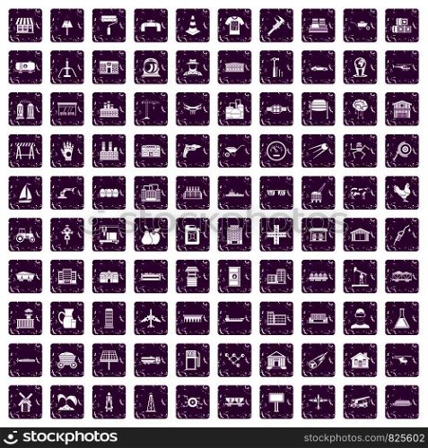 100 industry icons set in grunge style purple color isolated on white background vector illustration. 100 industry icons set grunge purple
