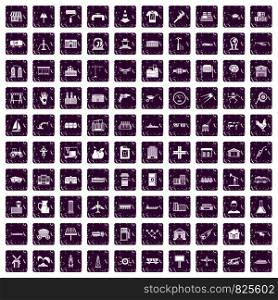 100 industry icons set in grunge style purple color isolated on white background vector illustration. 100 industry icons set grunge purple