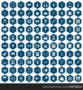 100 information icons set in sapphirine hexagon isolated vector illustration. 100 information icons sapphirine violet