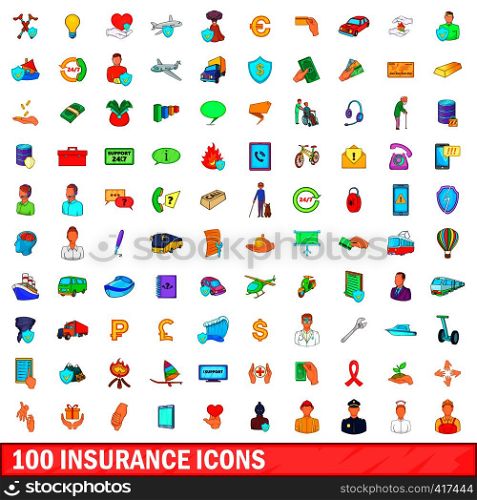 100 insurance icons set in cartoon style for any design vector illustration. 100 insurance icons set, cartoon style