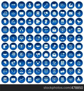 100 interaction icons set in blue circle isolated on white vector illustration. 100 interaction icons set blue