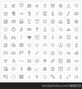 100 Interface Line Icon Set of modern symbols on box, meal, chart, food, constructions Vector Illustration