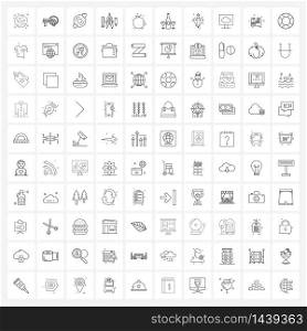 100 Interface Line Icon Set of modern symbols on food, geometry, disk, compass, scale Vector Illustration